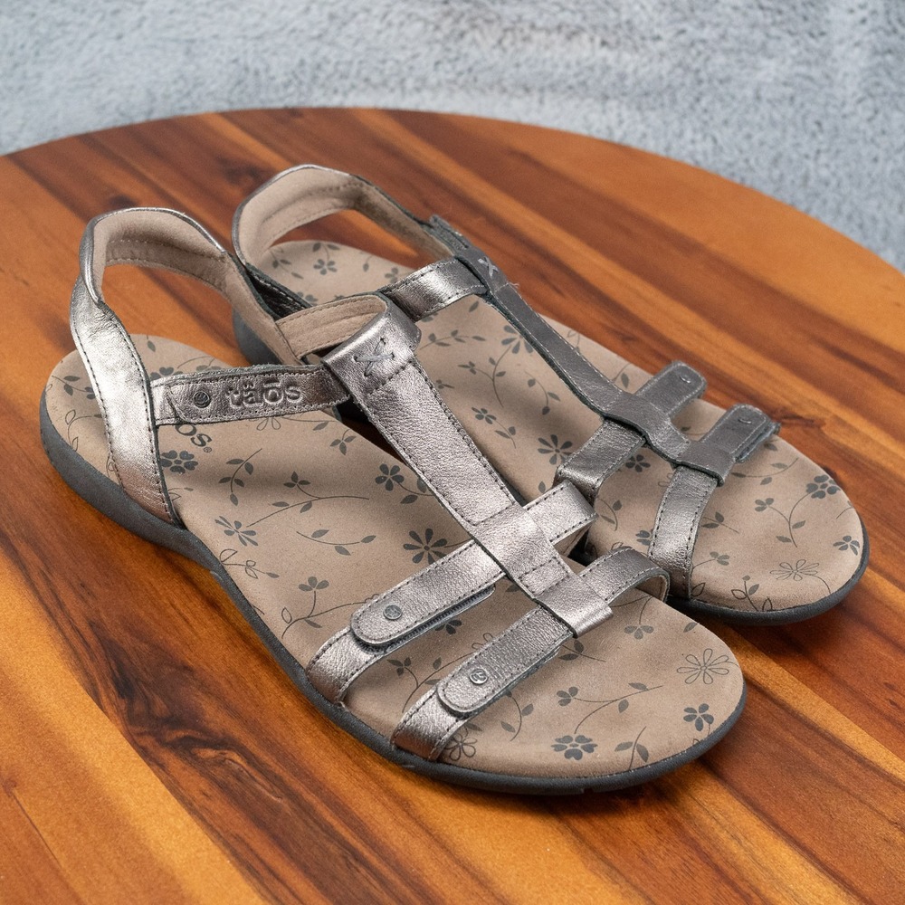 Taos Trophy 2 Leather Sandals Strappy Slingback Pewter Embossed Woman's 9M